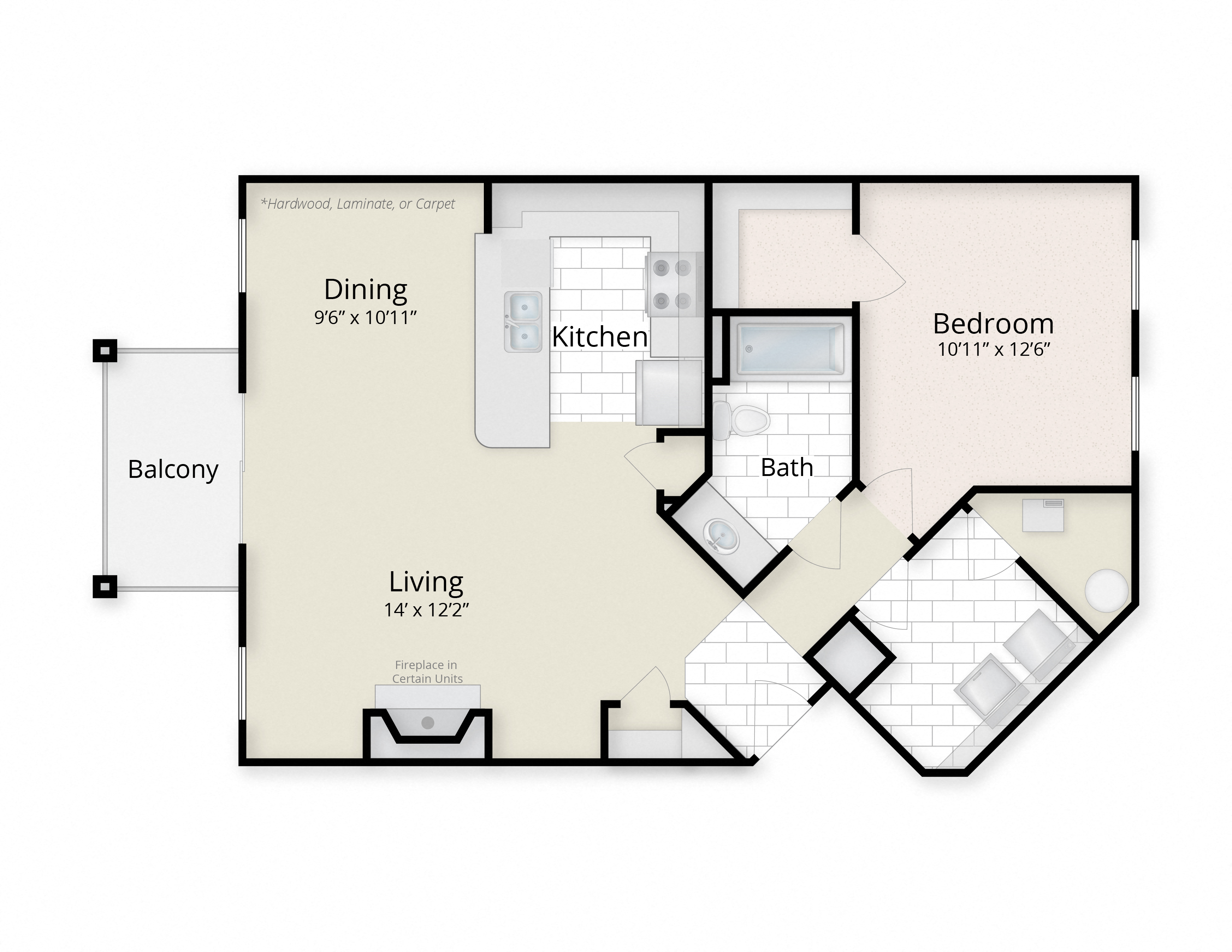 Floor plan for 1 bed, 1 bath, 792 sqft